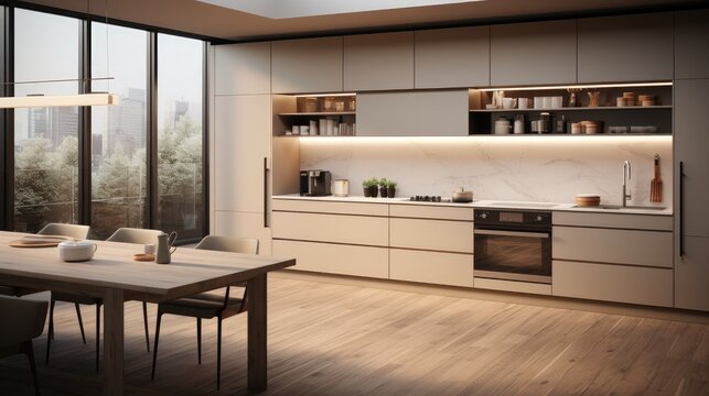 Modern style kitchen with wooden cabinets. Generative AI.