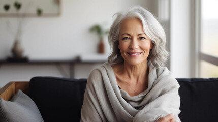 Obraz premium copy space, stockphoto, middle aged woman sitting on sofa at home, single mature senior in living room. Happy woman sitting. Carefree lifestyle. Aged woman in good health.