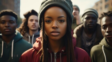 Obraz premium A group of young urban hip African youth standing on the side of the pavement. Generative AI.