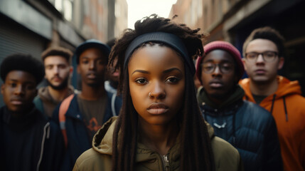 A group of young urban hip African youth standing on the side of the pavement. Generative AI.