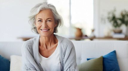 copy space, stockphoto, middle aged woman sitting on sofa at home, single mature senior in living room. Happy woman sitting. Carefree lifestyle. Aged woman in good health. - obrazy, fototapety, plakaty