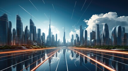 A futuristic skyline featuring skyscrapers with innovative and sustainable. Generative AI.