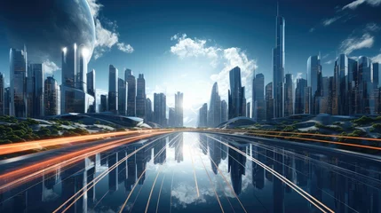 Papier Peint photo Dubai A futuristic skyline featuring skyscrapers with innovative and sustainable. Generative AI.