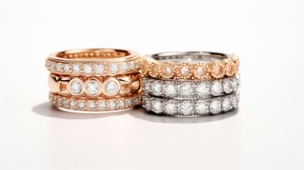 collection of stacked diamond rings in white, yellow, and rose gold on a white backdrop