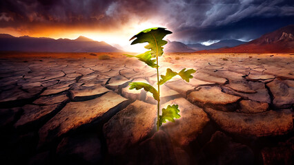Growing plant in arid landscape. Symbol of hope. Desert background is AI generated, plant is 3D and photography. - obrazy, fototapety, plakaty