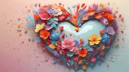 heart made of flowers color full decoration balloons and hot air ballons flying on the sky with color full pencil color and text copy space in the middle
