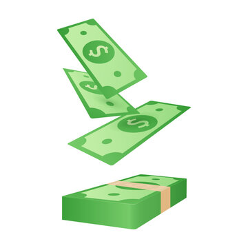 Falling money. 3D green dollars bundle of money. Paper currency element vector illustration. 3d green cube.