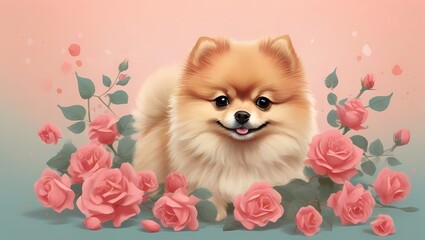 Fototapeta na wymiar pomeranian puppy with flowers Cute fluffy puppy poses for a photo in a beautiful location. The breed of the dog is the Pomeranian 