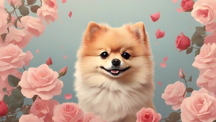 pomeranian dog with flowers In the heart of spring, a cute Pomeranian puppy frolicked in a meadow adorned with blooming flowers, its white coat glowing in the warm light. The holiday atmosphere was el
