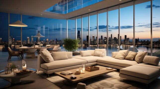 Luxury penthouse with skyline view, High-end finishes. Generative AI.
