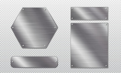Steel metal tag plate of rectangular, square and hexagon shape with rivets. Realistic vector set of blank aluminum nameplates or boards with screws. Chrome surface empty plaque or frame mockup.