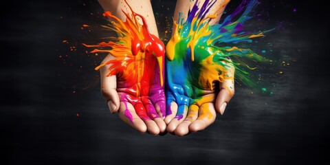 Hand raised in a fist, adorned with rainbow colors, symbolizing Gay Pride and the LGBT concept. - obrazy, fototapety, plakaty