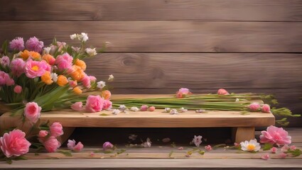tulips in a wooden box Spring flowers on wooden table for product display background. Natural background
