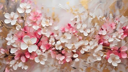 pink cherry blossoms Jasmine flowers and petals laid out in intricate patterns on a soft pink canvas. Make sure to leave ample space in the center. Floral card.
 - obrazy, fototapety, plakaty
