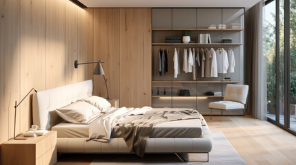 Modern bedroom with wardrobe and storage natural wood. Generative AI.