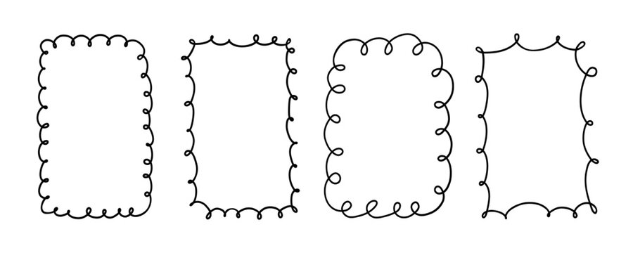 Doodle rectangle and oval looped frames. Hand drawn scalloped edge rectangle and ellipse shapes. Simple label form. Flower silhouette lace frame. Vector illustration isolated on white background.