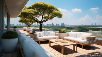 On the large terrace, There are sofas, Coffee tables and many tall and low trees planted to complement each other. Generative AI.