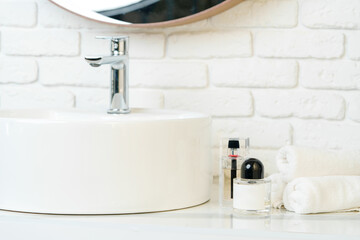 Perfume bottle in a modern bathroom close up