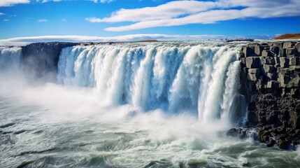 Rapid flow of water powerful Selfoss cascade. Unusual and gorgeous scene. Popular tourist attraction. 