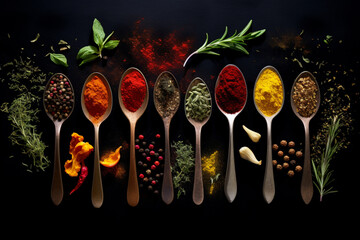 Herbs and spices for cooking on dark background
