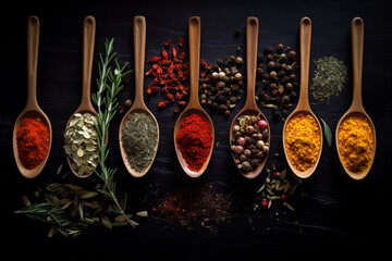 Herbs and spices for cooking on dark background
