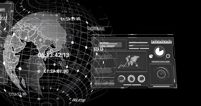 Animation of screen and data processing over globe on black background