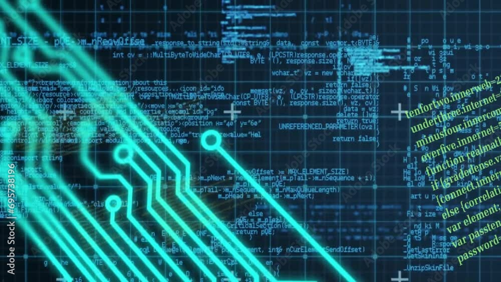 Poster animation of data processing and circuit board connections over black background