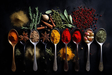 Herbs and spices for cooking on dark background
