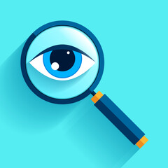 Search loupe icon in flat style, magnifying glass on color background. Zoom tool. Eye in magnifier. Vector design object for you project  - 695738567