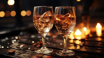 Two glasses of champagne for toast and congratulations on Valentine's day, birthday or Christmas holiday New Year background
