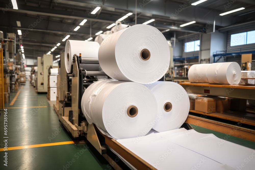 Poster large tray of roll paper at factory. generative ai.