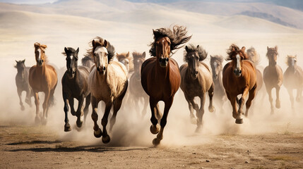herd of wild horses running across a dusty plain