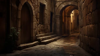 Fotobehang Smal steegje secret door at the end of a narrow cobblestone alley