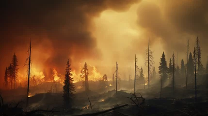 Zelfklevend Fotobehang Forest engulfed in wildfire with smoky skies © 1st footage