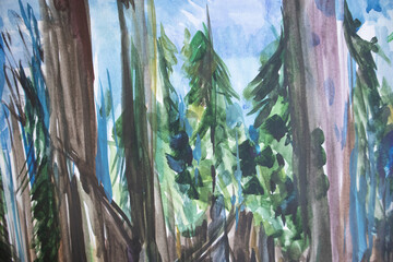 Coniferous trees grove. Forest closeup painting. Trunks of trees watercolor.