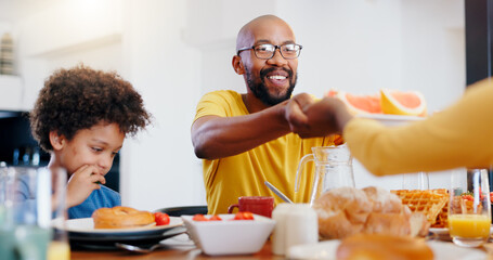 Black family, food and parents with children for breakfast, lunch and eating together in home. Happy, serving and dad and boy at table for bonding with meal for health, nutrition and hunger in house - obrazy, fototapety, plakaty