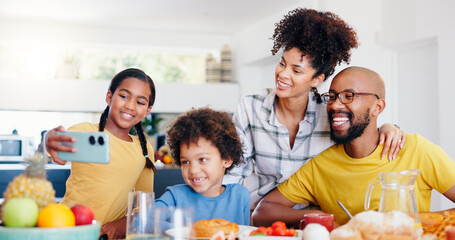 Selfie, breakfast and a black family eating in the kitchen of their home together for health, diet or nutrition. Food, photograph or memory with a mother, father and children together in an apartment - obrazy, fototapety, plakaty