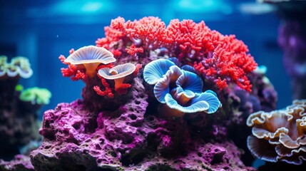 Red mushroom coral colony in the reef aquarium tank - obrazy, fototapety, plakaty