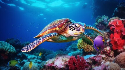 Naklejka na ściany i meble Red sea diving big sea turtle sitting on colorful coral reef.