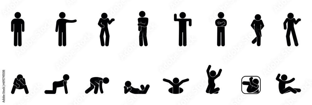 Wall mural stick figure man icon, set of poses and gestures