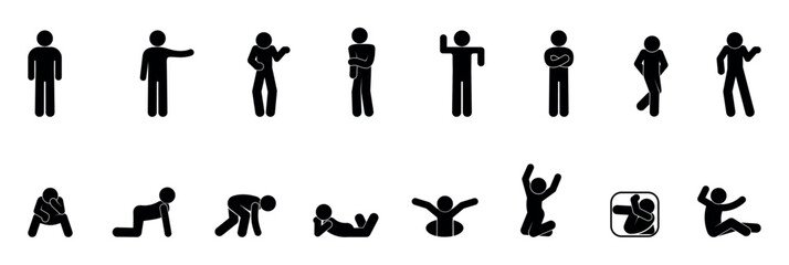 stick figure man icon, set of poses and gestures - obrazy, fototapety, plakaty
