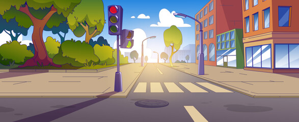 City street intersection with sidewalk, traffic lights and zebra cross. Cartoon summer town landscape with multistorey buildings, road with crosswalk and pedestrian. Empty downtown highway corner. - obrazy, fototapety, plakaty