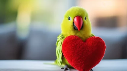 Tuinposter Cute parrot toy with red heart, Valentine's day. © vlntn