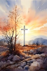 A watercolor of a peaceful Easter morning with a sunrise service