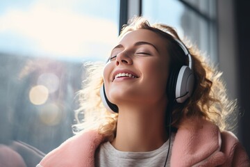 Happy woman listening to music wearing headphones at home. AI generative - obrazy, fototapety, plakaty