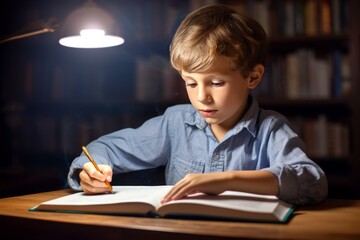 A little boy writes in a notebook while sitting at the table. The child does his homework. AI generative
