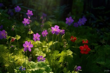 soft focus of summer cosmos flowers field with blue sky background made with generative ai 