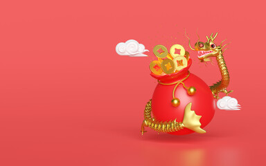 Chinese gold coins in bag with dragon, cloud. chinese new year 2024 capricorn. 3d render illustration