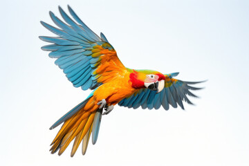 Obraz premium A beautiful colorful parrot flying on white background.