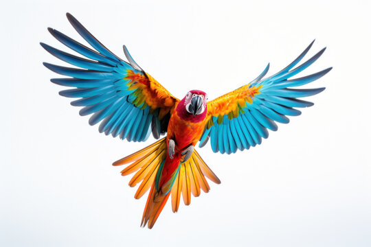A beautiful colorful parrot flying on white background.